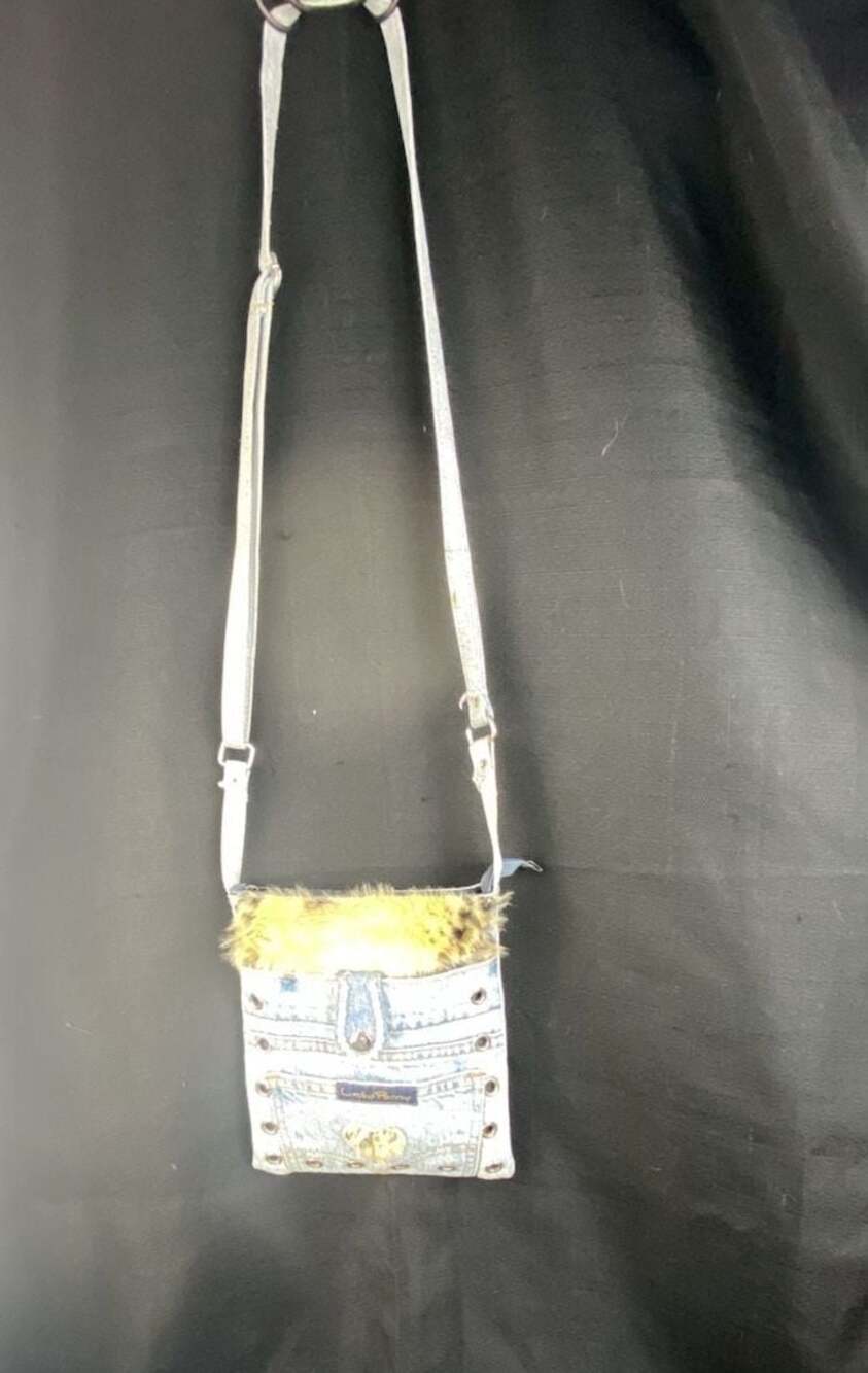 Lucky Penny Vintage Y2K Denim Crossbody Bag with Faux Fur and Rhinestone Trim